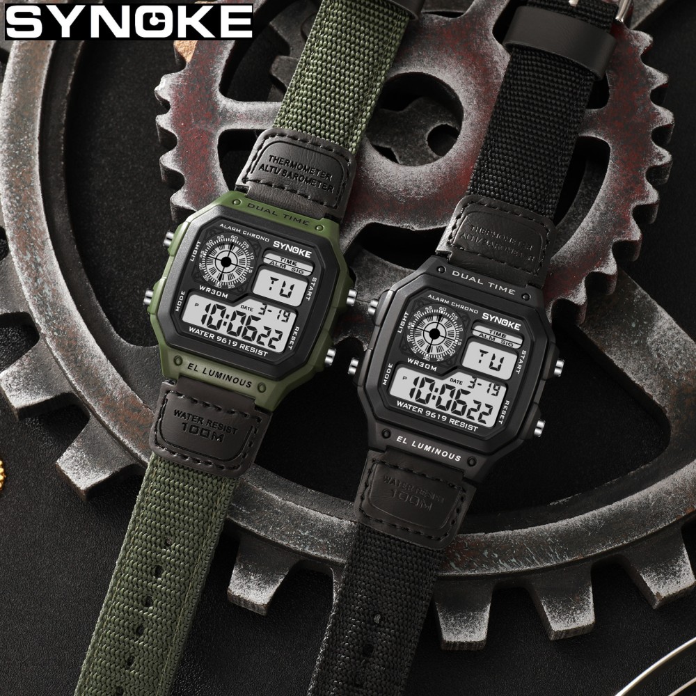 Canvas Strap Watch - Synoke กลางแจ้งทหารนาฬิกาดิจิตอลสําหรับชายแฟชั่น Retro ผ้าใบไนลอนกีฬานาฬิกากันน้ํา Multifunctional Luminous