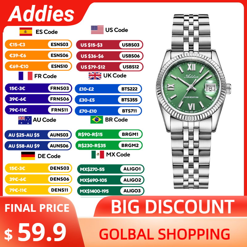 Stainless Bracelet Diver - แอดดี้ส์นาฬิกาหรูคุณภาพสูงสำหรับผู้หญิงกระจกแซฟไฟร์ 316L สแตนเลส BGW9 ลูมินัส 50
