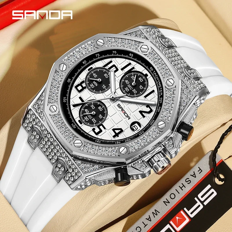 Tropic Strap Vintage - นาฬิกาควอตซ์ SANDA 7026 สำหรับผู้ชาย แฟชั่นลำลอง ประดับเพชร