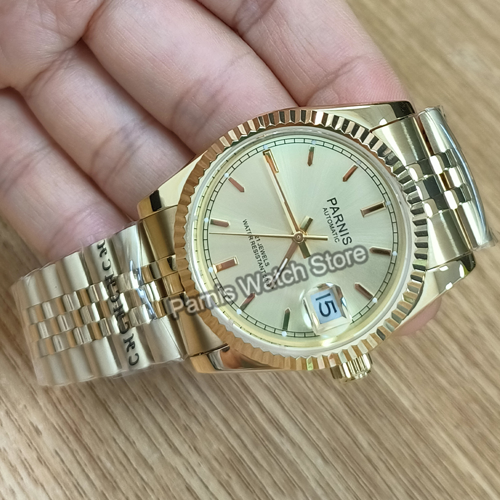 Parnis 36mm Gold Color Luminou - Rolex Watch Datejust บทวิจารณ์และราคา